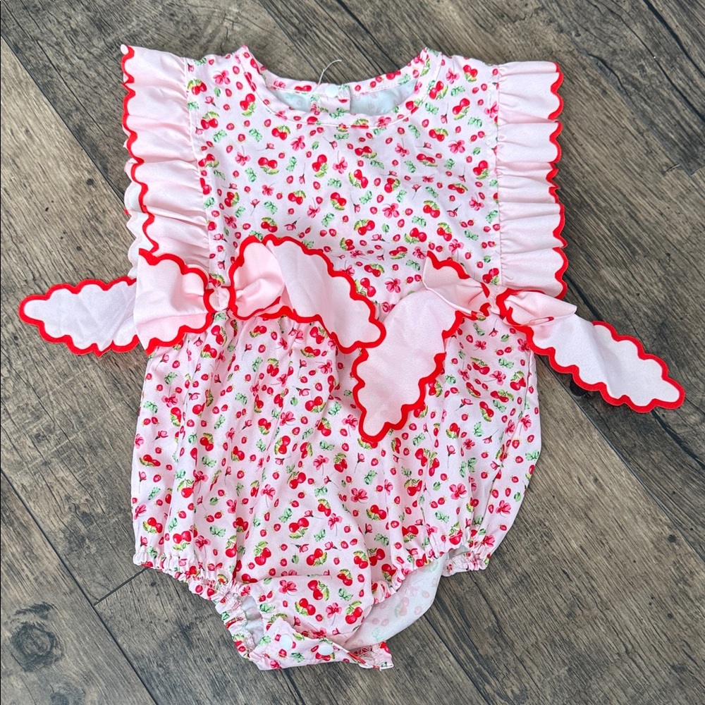 Cherry Print Baby Romper with Pink Ruffles
